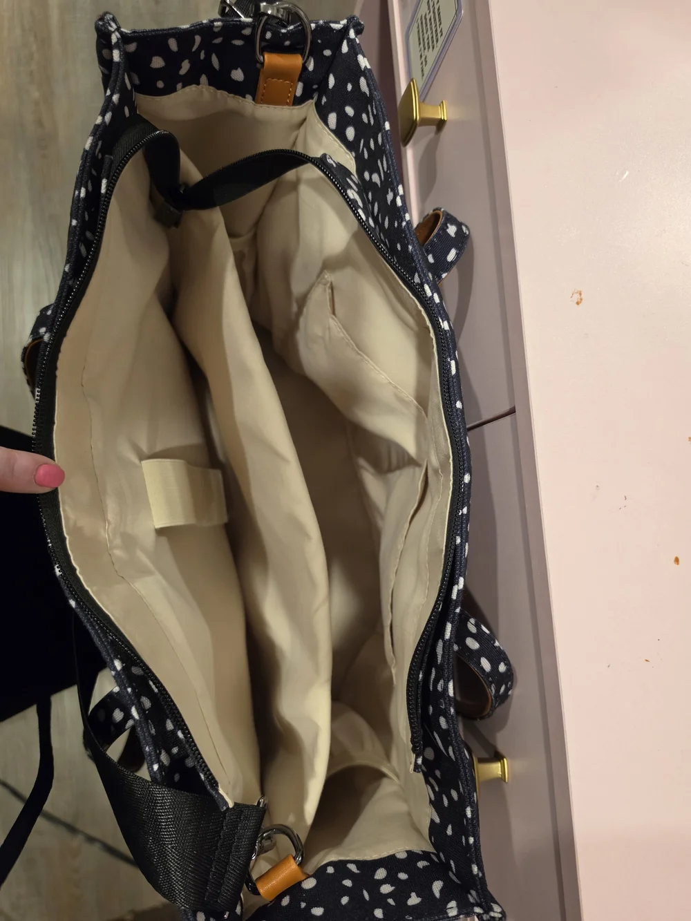 Spotted Canvas Tote Bag with Tan Faux-Leather Straps